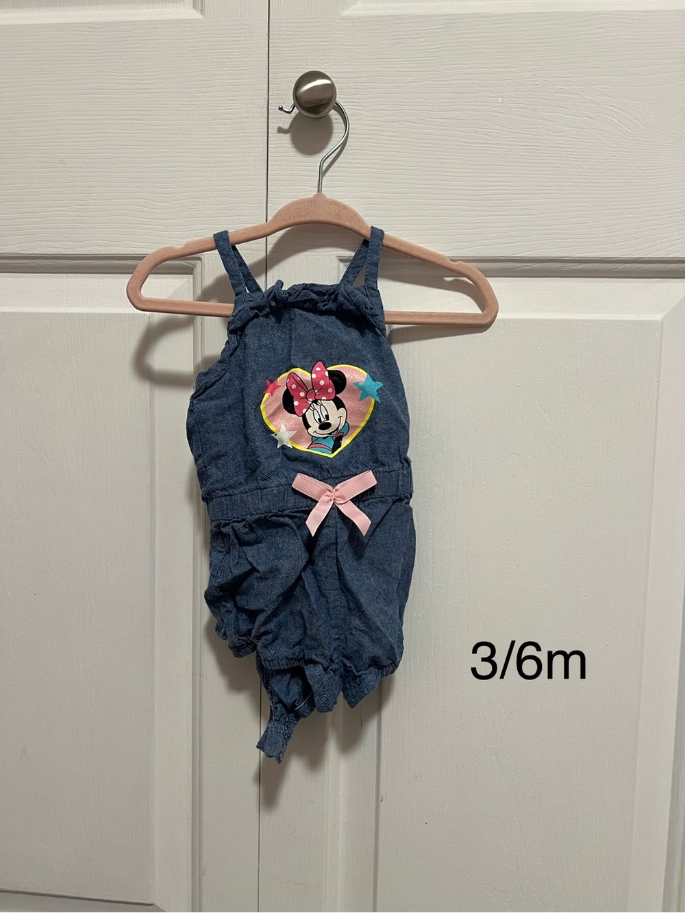 Disney Navy Blue Minnie Romper with Pink Bow Accent